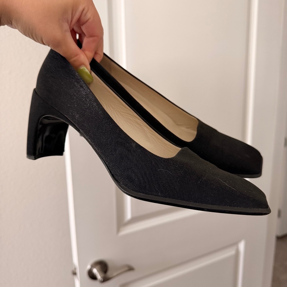 Vtg Studio Delman Satin Black Square Toe Architectural Heel Size 9m